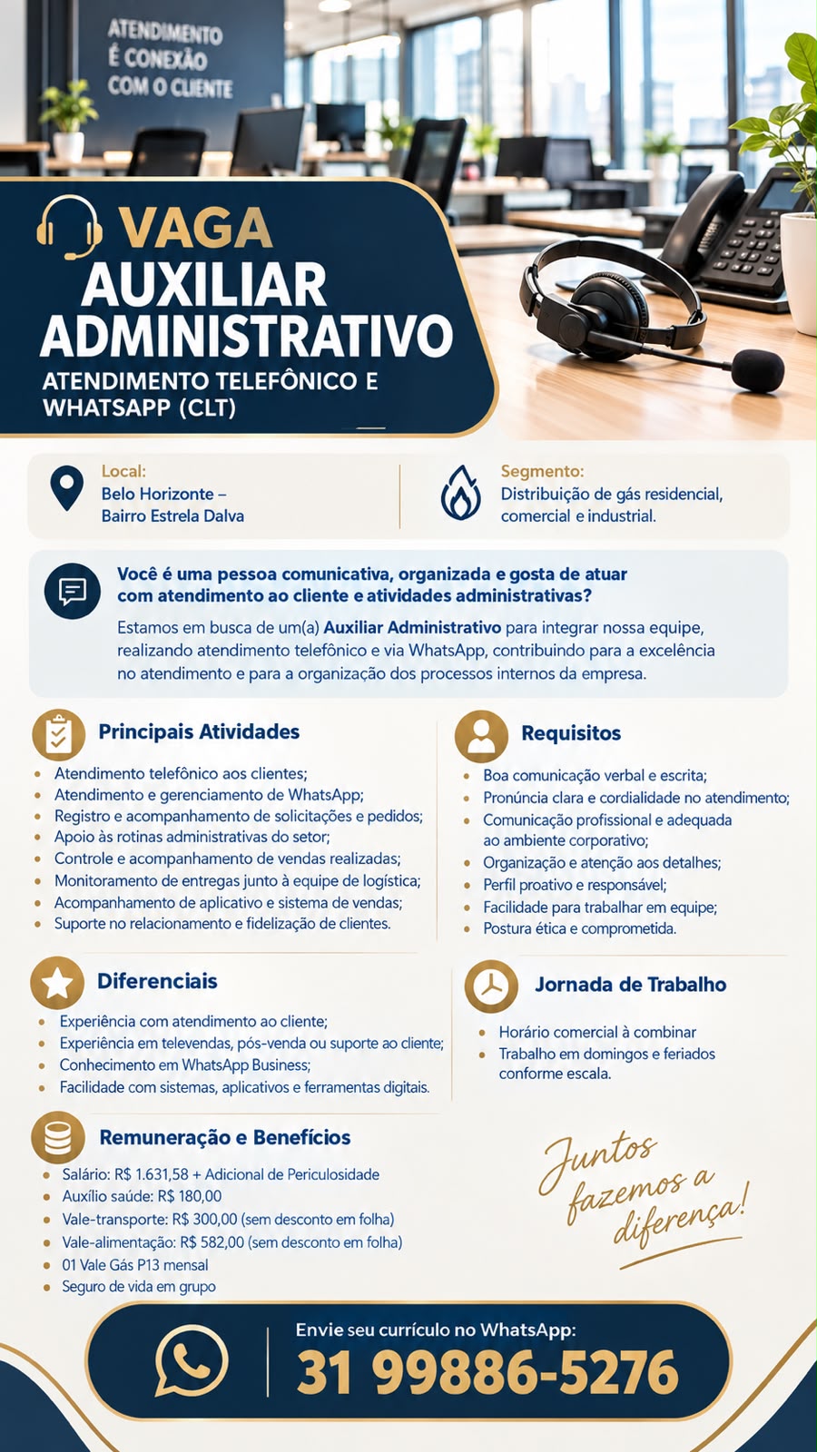 Auxiliar Administrativo — atendimento telefônico e WhatsApp (CLT)