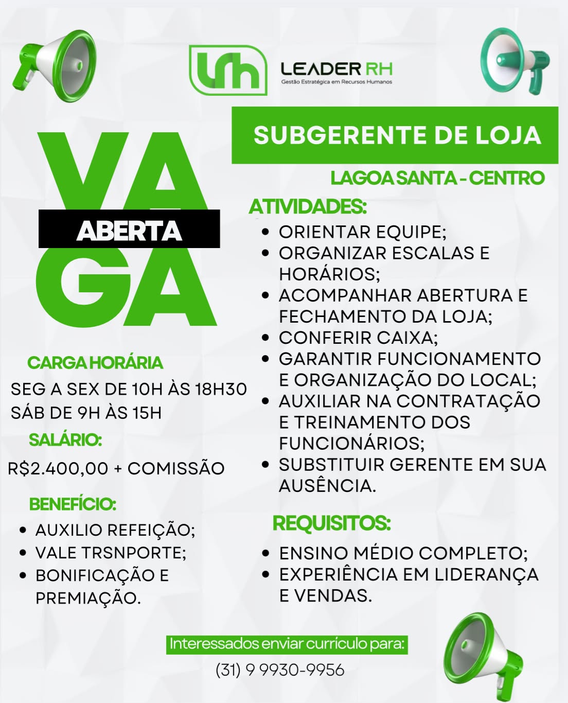 Subgerente de Loja — Lagoa Santa (Centro)
