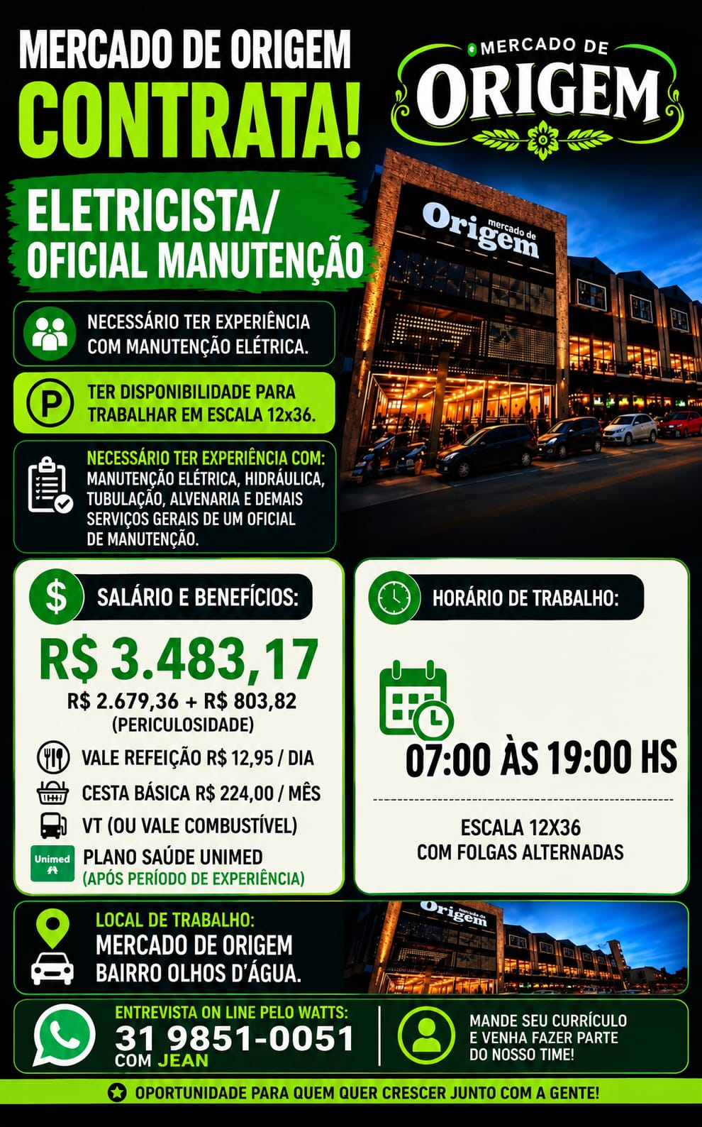 Eletricista / Oficial de Manutenção — Mercado de Origem (Olhos D'Água)