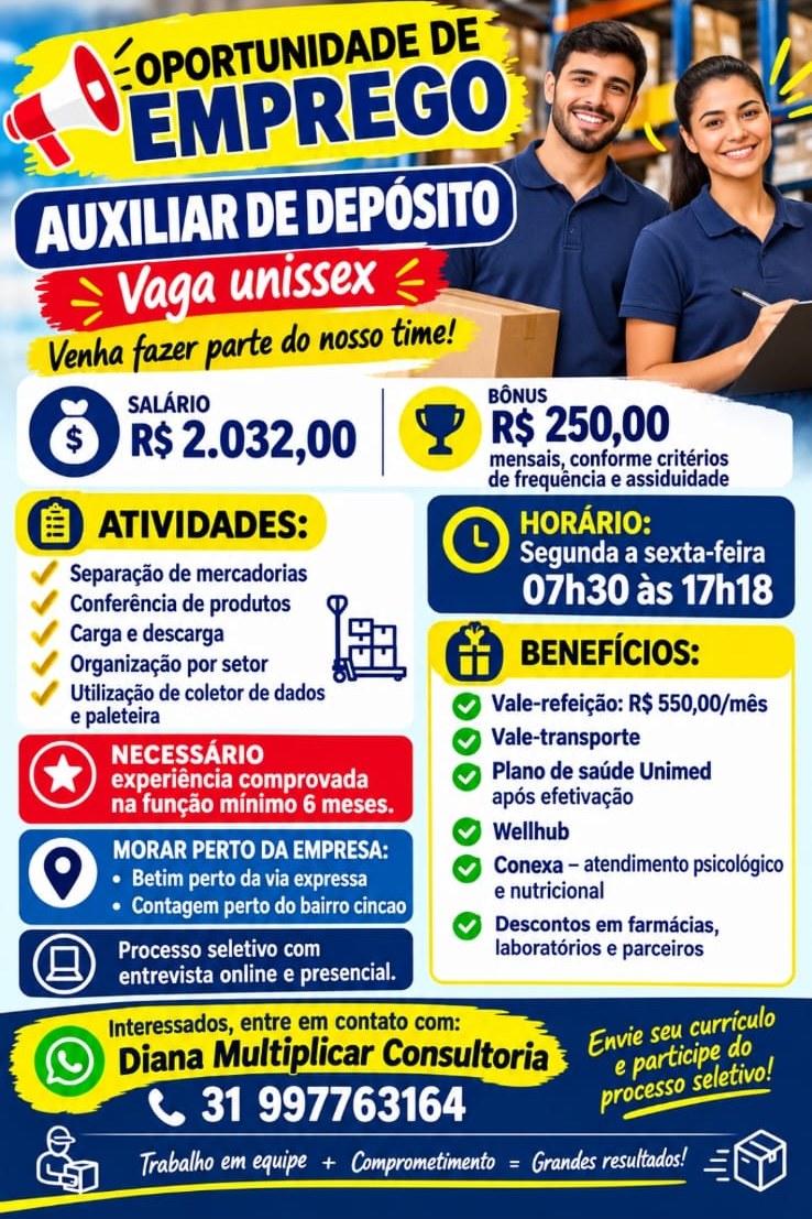 Auxiliar de Depósito — vaga unissex (Betim e Contagem)
