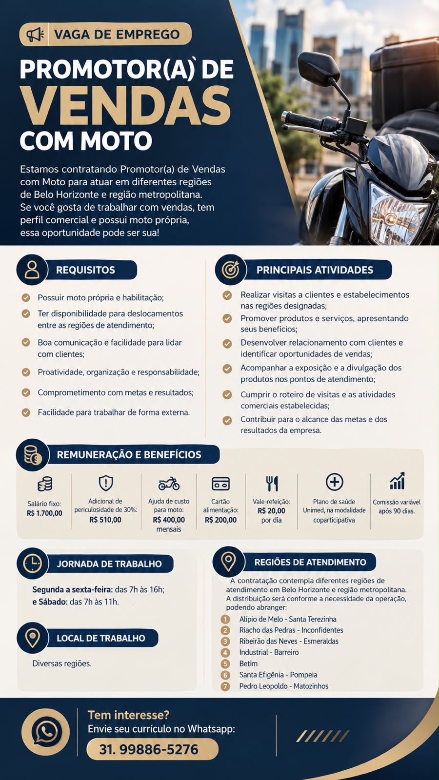 Promotor(a) de Vendas com Moto — BH e região metropolitana