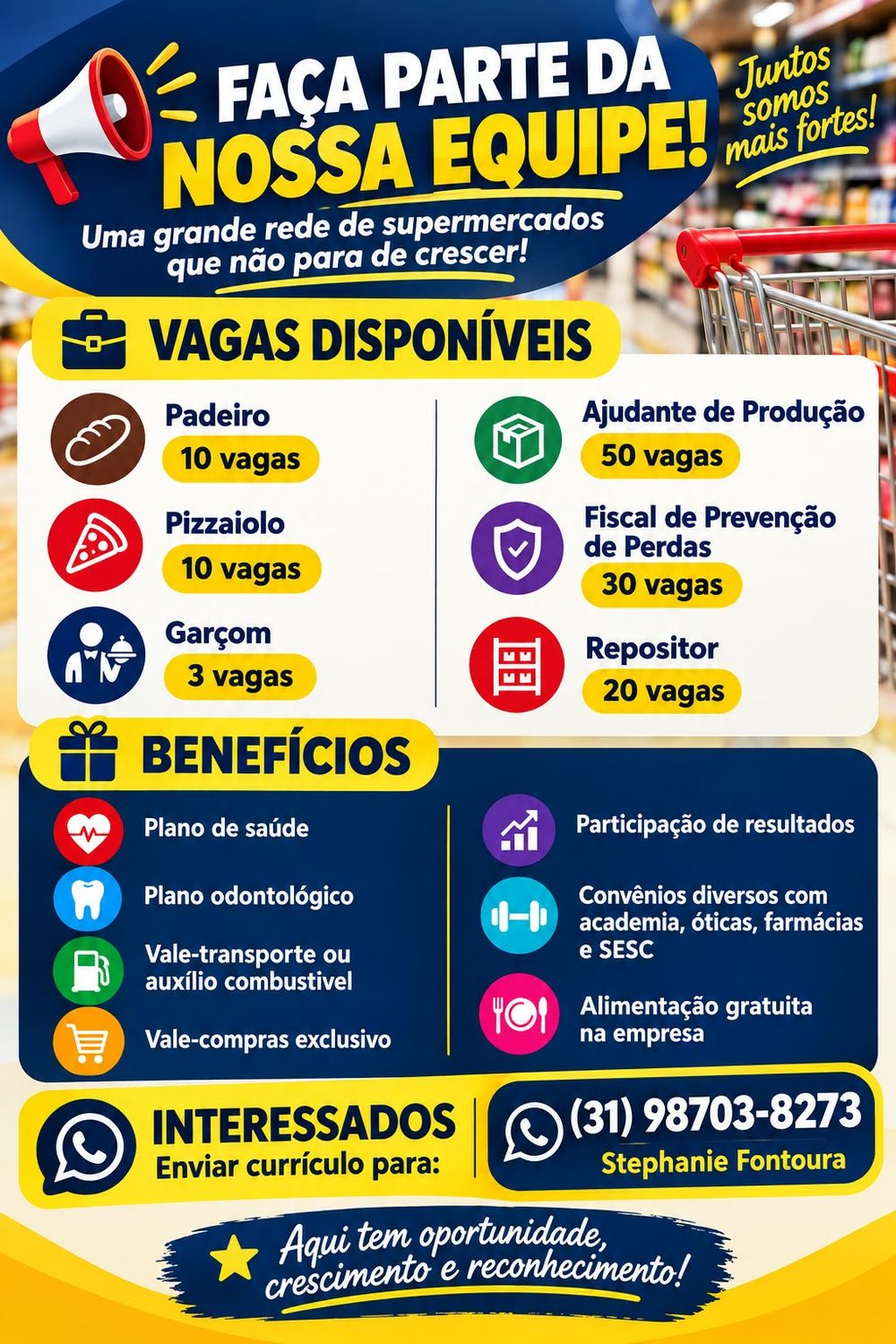 Vagas em supermercado: padeiro, pizzaiolo, garçom, produção, fiscal e repositor