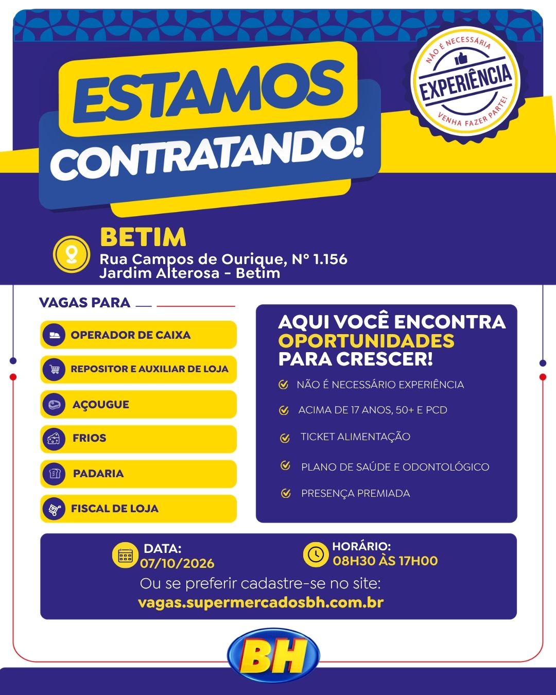Supermercados BH Betim: operador de caixa, repositor, açougue, frios, padaria e fiscal