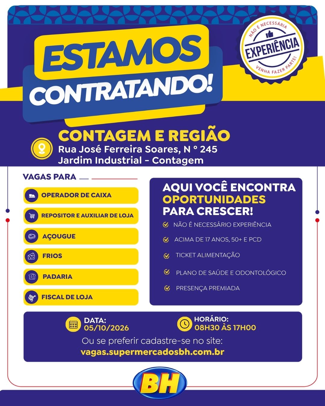 Supermercados BH Contagem (Jardim Industrial): operador de caixa, repositor, açougue, frios, padaria e fiscal