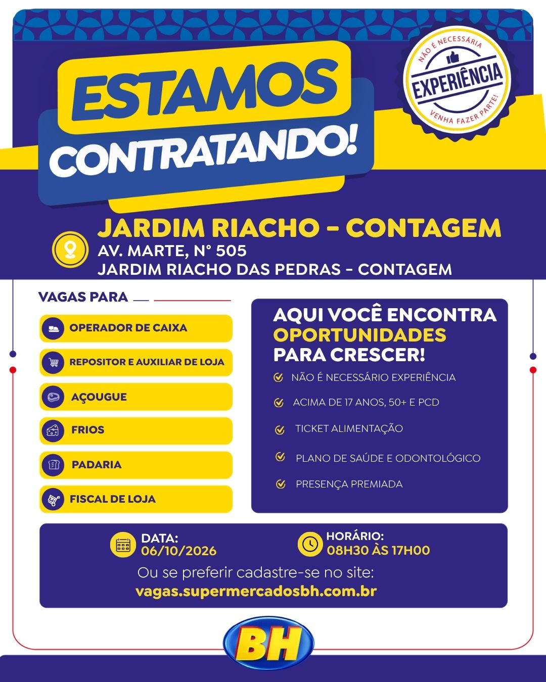 Supermercados BH Contagem (Jardim Riacho): operador de caixa, repositor, açougue, frios, padaria e fiscal
