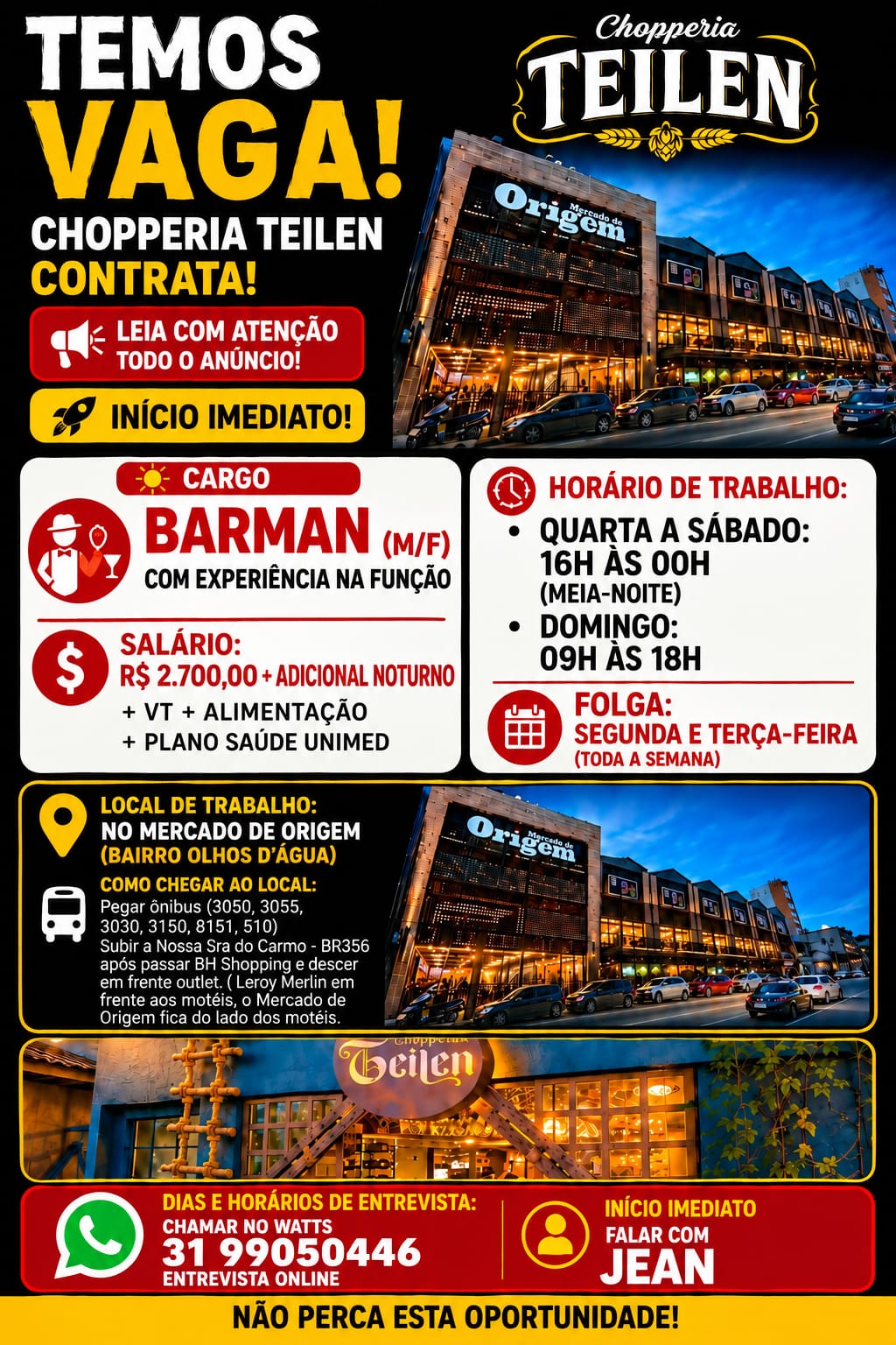 Barman (M/F) — Chopperia Teilen, Mercado de Origem (Olhos D'Água)