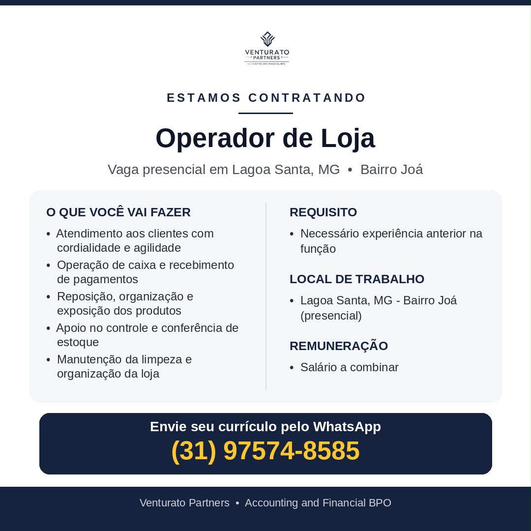 Operador de Loja — Lagoa Santa (bairro Joá)